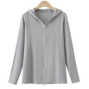 Kvinnors stickor Tees Autumn Clothes Women Cardigan Plus Size Two-vägs blixtlås Casual Ice Silk Sticke Hooded Randed Tröja Curve F11 1566 231114