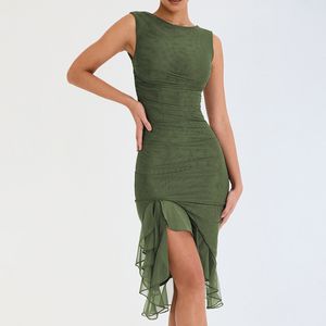 Kvinnors ärmlös klänning sommar ruched bodycon klänning damer mode ruffles-hem semester klänning kvinnlig besättning hals party klänning 2308141