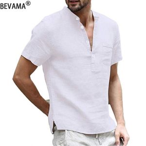 メンズのTシャツ夏の綿リネンTシャツヘンリーシャツカジュアルな半袖ブラウスとボタンゆるい大きなサイズの通気性のあるシャツ230414