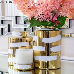 Storage Bottles Gold-plated Cylinder Ceramic Jar Minimalism Porcelain Tank Desktop Flower Arrangement Jewelry Jars Cosmetic Containers