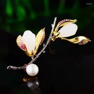 Brooches Ethnic Style Elegant Magnolia Freshwater Pearl Creative Simple Flower Pins Literary Suit Accessories For Women Jewelry