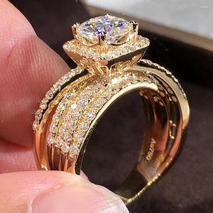 Pierścienie klastra 18k żółte złote kobiety pierścienia diamenty moissanite 1 2 34 5 ct okrągłe okrążenie luksusowy flash na przyjęcie weselne rocznica zaręczyn