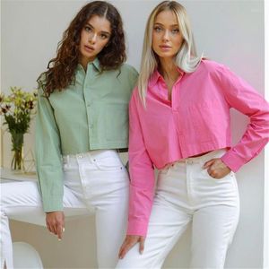 Women's Blouses Turn-down Collar Casual Crop Top Green Pockets Long Seeve Loose Solid Bloue Shirt Fashion Button Street Elegant Women