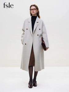 Women's Wool Blends FSLE 2.6% Cashmere 92.8% Wool Women Drop Sleeve Casual Black Woolen Jackets Belt Design Female Mid-Length Pink Wool Coats 231113