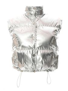 Coletes femininos inverno prata puffer acolchoado casaco colete brilhante metálico cor sólida gola zíper acolchoado colete curto ao ar livre streetwear 231114