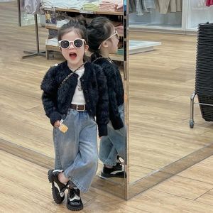 Jackor Girls Spring Autumn Fleece Sweater Sticked Cardigan Small Coat Wide Leg Jeans Fashion Baby Girl Clothes Birthday Party