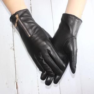 Fünf-Finger-Handschuhe, Touchscreen, Damen-Schaffellhandschuhe, Leder, mit Fleece gefüttert, modischer Reißverschluss, warm, Herbst und Winter, Outdoor-Fahren, 231114