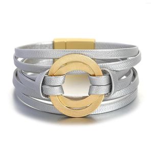 Charme Armbänder Amorcome Trendy Silber Farbe Leder Für Frauen Metall Doppel Kreis Runde Multilayer Wrap Armband Schmuck Geschenk