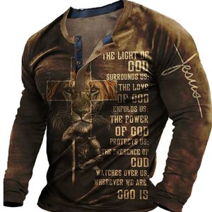 T-shirt da uomo T-shirt a maniche lunghe con stampa 3D vintage T-shirt da uomo in cotone Jesus Lion Graphic Top Abiti oversize O-Collo Camicia casual con bottoni 230414