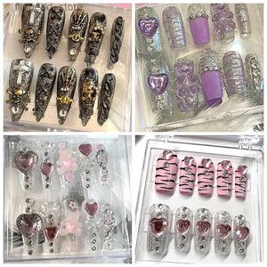 False Nails Handmade Y2K Cute False Nails Tips Glitter Rhinestone Press On Nail Reusable Long Coffin Ballet Acrylic Fake Nail With Glue Q231114