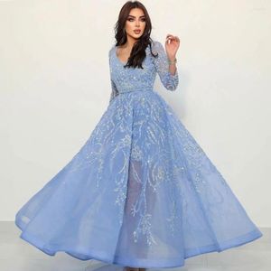 Sukienki imprezowe Serene Hill Arabic Blue A-Line Evening Suknie Luksusowe z koralikami długie rękawy 2023 For Woman La71596