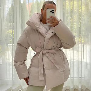 Womens Down Parkas Malina Winter Thick Stand Collar Women Fashion Tie Waist Coats Elegant Solid Short Padded Jackets Female Ladies 231114