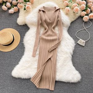 Basic Casual Dresses YuooMuoo Elegant Khaki Black Knit Rib Women Dress Sexy Wrap Hips Split Bodycon Streetwear Fall Winter Stretch Lady 231114