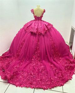 Fúcsia princesa quinceanera vestidos 2023 sheer pescoço rendas espartilho 3d floral preto menina vestido de 15 anos quinceaneras