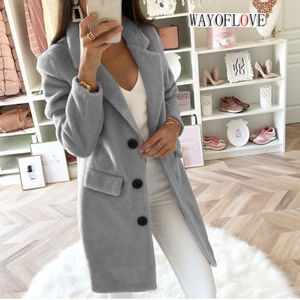 Womens Wool Blends Wayoflove Autumn Winter Long Sleeve Woolen Coat Solid Color Suit Collar Single Breasted Pocket 231114