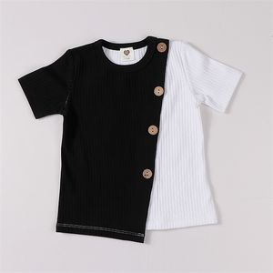 Tシャツキッズ服Tシャツの女の女の子と男の子の服丸い首の半袖ファッション子供Tシャツリブ契約パッチパッチ色230414