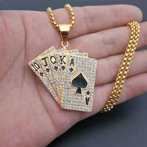 Hängselhalsband Hiphop Iced Out Playing Card Straight Flush Pendant med rostfritt stålkedjan Mäns pokerhalsband Gyllene smycken Dropshipping T230413