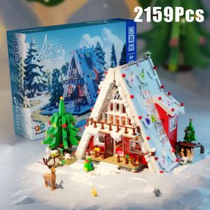 Blöcke Kreative 2159Pcs Weihnachtsbaum Winter Dorf Haus Mit Lichter Modell Gebäude MOC Schnee Hütte Mini Ziegel Spielzeug Weihnachten geschenke 231114