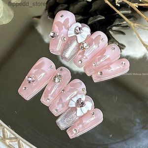 False Nails Handmade Pink Glittery Y2K Fake Nail With Glue Butterfly Press On Nails False Nails Tips Reusable Short Coffin Manicure Art Gift Q231114