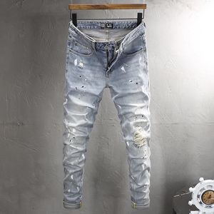 Jeans da uomo Street Fashion Jeans da uomo Vintage Light Blue Elastico Slim Fit Jeans aperti sul davanti Jeans Hip Hop firmati da uomo Hombre 231114