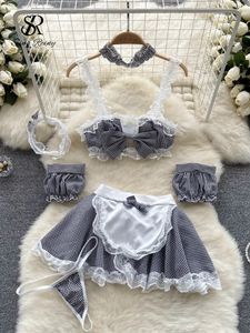 Vestido de duas peças Singiny Bow Uniforme Coreano Ternos Doce Sem Mangas Camis Saia Curta Briefs Set Maid Cosplay Lingerie Xadrez Lace Sexy 231114