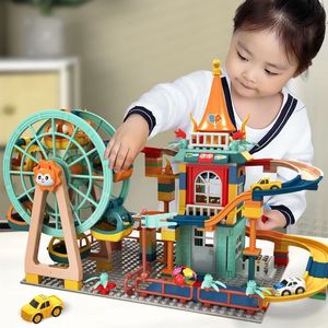 Blöcke Murmelbahn Architektur Schloss Gebäude Auto Actionfiguren Freunde Kinder Lernspielzeug für Jungen Weihnachtsgeschenke 231114