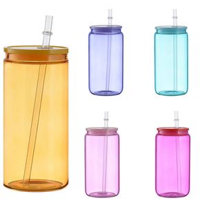 16oz sublimering färgade glasburkar med färgglada lock färgade gelé tomma sublimering glas koppar öl kan glas burk dricksglas med återanvändbar halm C13