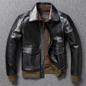 Men s Leather Faux A2 Tea Core Horsehide Flight Suit Jacket American Retro Genuine Slim Short Lapel 231114