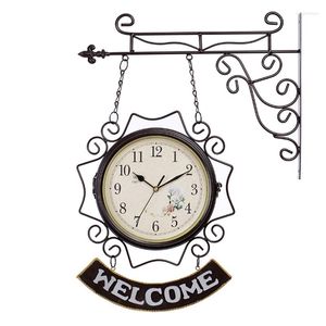 Wanduhren European Vintage Coffee White Double-Sided 9 Zoll Round Iron Framed Home Decor Mounted Hanging Clock With Welcome Plaques