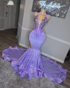 Sexy LIlac Satin Mermaid Long Prom Dresses 2023 V-Neck Beads Crystals Tassels Featehrs Birthday Party Gowns Robe De Bal Court Train