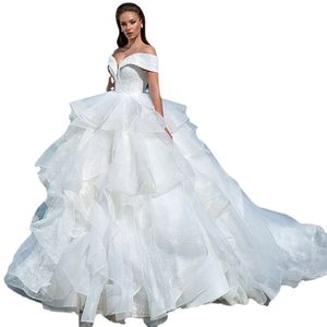 Off the Shoulder Crystal Tiered Bridal Ball Gown Luxury Chapel Train Sweetheart Neck Zipper Back Wedding Dress for Women