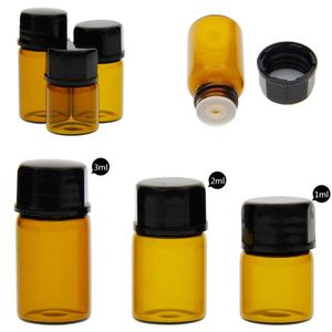 1ml/2ml/3ml mini garrafa de amostra vazia de vidro âmbar com redutor de orifício e tampa dos frascos marrons essenciais de óleo essencial #246907