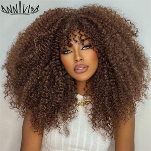 Parrucche sintetiche ricci afro per donne nere corte crespi con frangia 16 pollici fibra di capelli castani Glueless Cosplay 230413