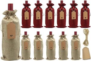 Gift Wrap Pack Of 12 Wine Bags Hessian Reusable With Drawstring And Pendant For Table Decoration Wedding Gifts Decor