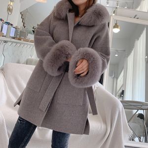 Womens Fur Faux Furyoume Women Real Coat Winter Jacket Overize Loose Cashmere Wool Blends Streetwear Natural Hood Outerwear Belt 231113