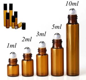 1ml 2ml 3ml 5ml 10m Rolo de vidro de perfume âmbar em garrafa com vidro de vidro/bola de metal os frascos essenciais de óleo essencial