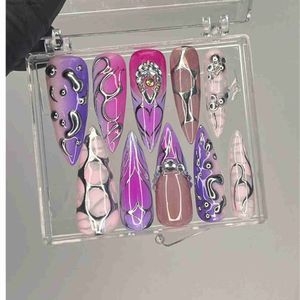 False Nails 3D Metallic Silver on Purple Long Stiletto Press On Nails Goth Chrome Aura Gothic Fake Nails Emo Y2K Grunge Nails Q231114