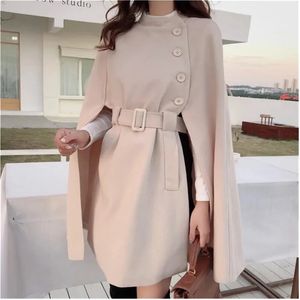 Womens Wool Blends Woolen Cloak Coat Fashion Women Single Breasted Elegant High Quality Beige Autumn Korean Midlength Woolencloth Coats 231113