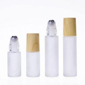 5ml 10ml Buzlu Cam Silindir Şişe Metal Roller Toplu Ahşap Tahıllı Şişe Üzerinde Rulo Parfüm için Plastik Kapaklar