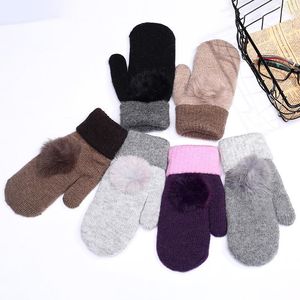 Fingerlösa handskar kvinnor vinter full finger med boll dubbel tjock kashmir ull vuxen varm stickad vridning mjuk lady päls mittens awg015