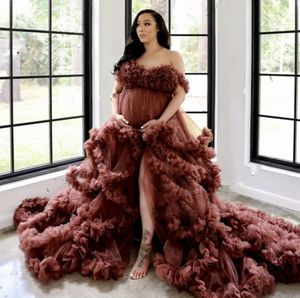 2024 BROWN Ruffle Tulle Maternity Dress Prom Dress for Pregnant Women Baby Shower Evening Gowns Front Split Photo Shoot Robe de Soriee