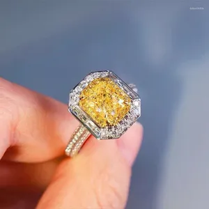 Cluster Anéis Luxo 925 Sterling Plata Casamento Banda Jóias Princesa Quadrado Amarelo Zircão Pedra Dedo Para Mulheres Menina Presente De Noiva