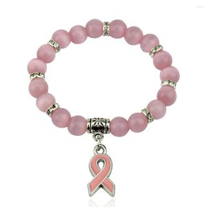 Link Bracelets Arrival Breast Cancer Awareness Jewelry White Pink Opal Beaded Bracelet Ribbon Charm Bracelets&Bangles