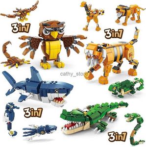 Vehicle Toys Hot! Creative 4 in 1 Animals Building Set Owl Shark Crocodle Tiger to Animal Figure Toys Birthday Gifts for Childrens Boys GiftsL231114