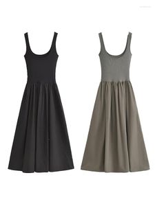 Lässige Kleider Damen geripptes U-Tank A-Linie Pacthwork Maxi Balletcore Ballet Sweet Dress