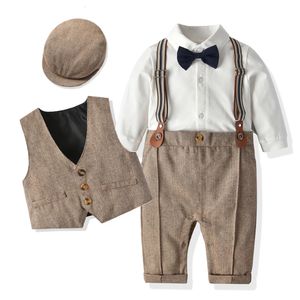 Giyim setleri bebek takım elbise yeni doğan erkekler tulum yelek şapkası resmi elbise parti bow çocuk doğum günü elbisesi yeni doğdu 0-3y 231114