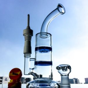 10 Inch Blue Clear Heady Honeycomb Hookahs 18mm Male Joint Glass Bongs Turbine Bent Type Oil Dab Rigs Disc Slitted Donut Perc Water 12 LL