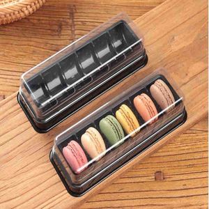 6 Cavity Macaron Packing Box Black Plastic Rectangular Baking Packing Box med Clear Lock
