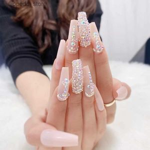 False Nails 25Pcs/Set Rhinestone Long Glue Glitter Fake Tips Art French Full Cover Press On Coffin DIY Manicure Set Q231115