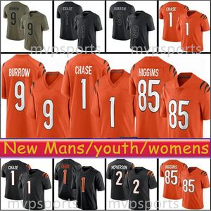 Joe Burrow Ja'Marr Chase Football Jersey Tee Higgins mens women youth kids black white stitched